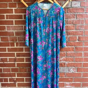 Vintage Muumuu or Robe Teal with Pink, Purple and Green Florals Half Zip